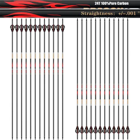 Sanlida Pure Carbon Hunting Arrows, Olympic-Grade 10 Spines Deflection (Unique), 0.001" Straightness, Buy 12 Get 12 Free, For Compound & Recurve Bows (24PCS)