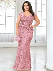 High quality elastic sequin V-neck sleeves with slim-fit and fishtail hemline design, coupled with the size of a solid color elegant luxurious maxi dress, make women younger and more attractive Prom Luxury Wedding Party Dress Plus Size Dress