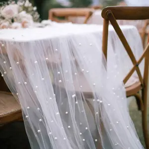 1 piece, semi-transparent white tulle with pearls, length: 119 inches, width: 30 inches. Suitable for wedding ceremony arch decorations, dessert table settings, holiday party table/chair back ribbon decorations, Wedding centerpieces, Overlay Table Cover