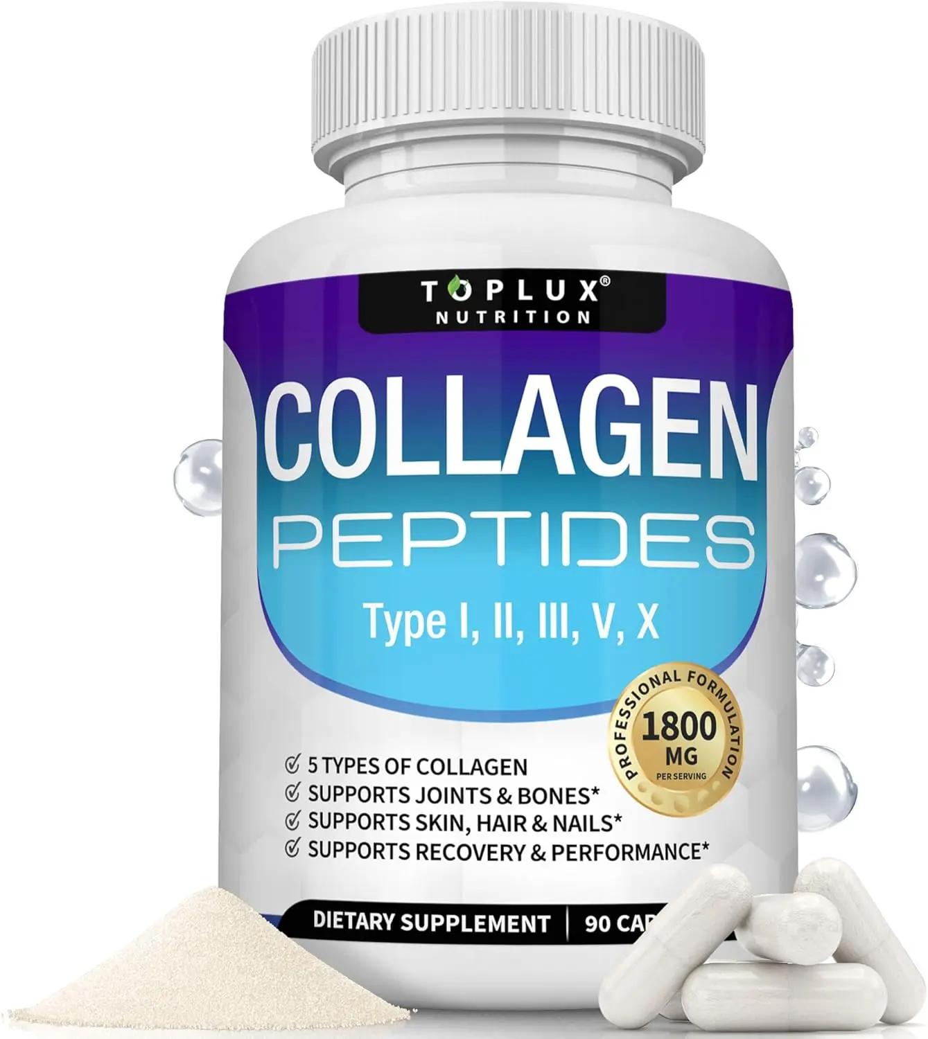 Toplux 1800mg Multi Collagen Peptides Pills 5 Types I II III V X Hydrolyzed Collagen Complex, Youthful Skin Thick Hair Strong Nails Joint Support Anti Aging Supplement for Men Women, 90 Capsules Collagen Peptides  Multi Collagen Dietary Fitness Bathroom