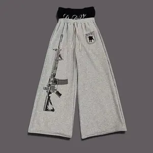 Y2K Wide Leg Rifle Print Sweatpants – Grey Baggy Lounge Pants