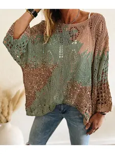 Spring/Summer Boat Neck Diamond Cutout Batwing Drop Shoulder Loose Oversized Color-Block Patchwork Print Long Sleeve Women's Knit Top, Vacation Style, Casual Elegant Commute, Ladies Tank Top Cover-Up, Bikini Cover-Up, Colorblock Knit Top, Knitwear