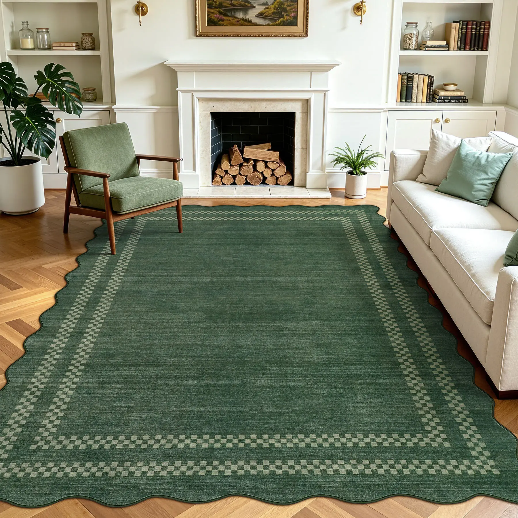 Tribesigns Scalloped Washable Area Rugs for Living Room Bedroom,  Faux Wool Area Rugs, Soft Non-Slip Indoor Dining Room Rug, Geometric Ultra Thin Carpet for Playroom Office Home Decor, Oeko-Tex Certified