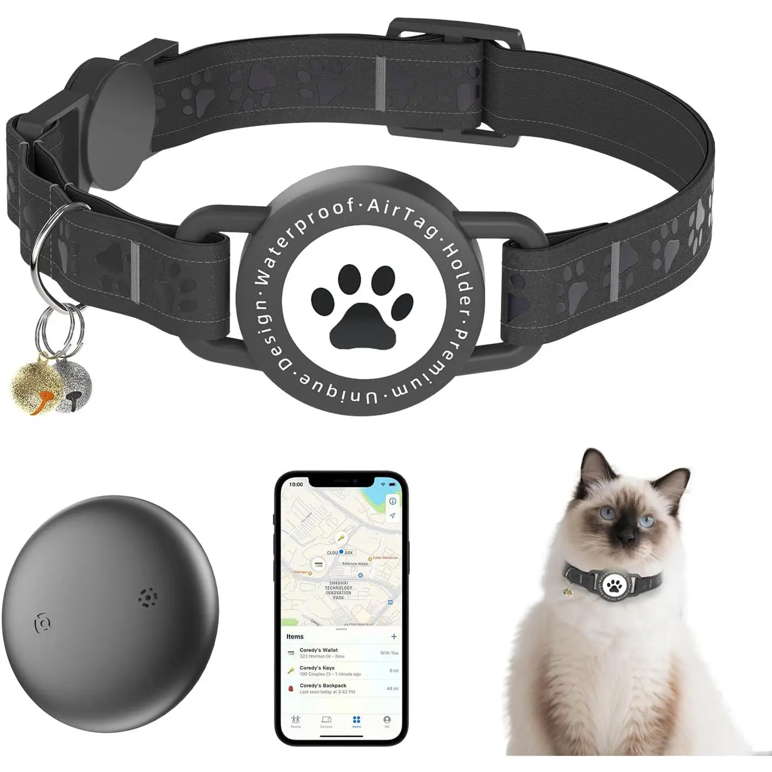 Smart Pet Tracker Collar Works with Apple Find My, AirTag Alternative Cat Collar with Waterproof Tracking Device, No Monthly Fees Adjustable Safety Collar for Cats, Kittens & Small Dogs