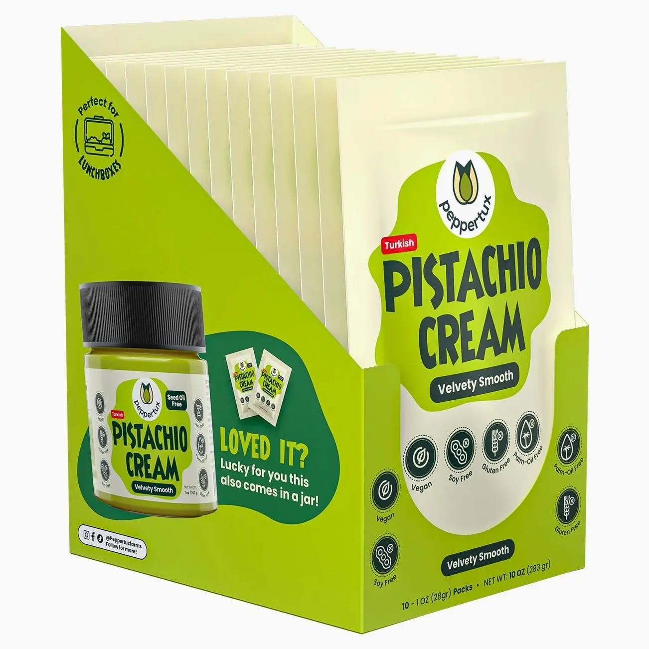 Peppertux Vegan Pistachio Cream in Single-Serve Pouches, 10oz Total (284gr) – Perfect for Snacking, Lunch Boxes, On-the-Go, Workouts, Hiking, and Camping - Single Serve (Box of 10)