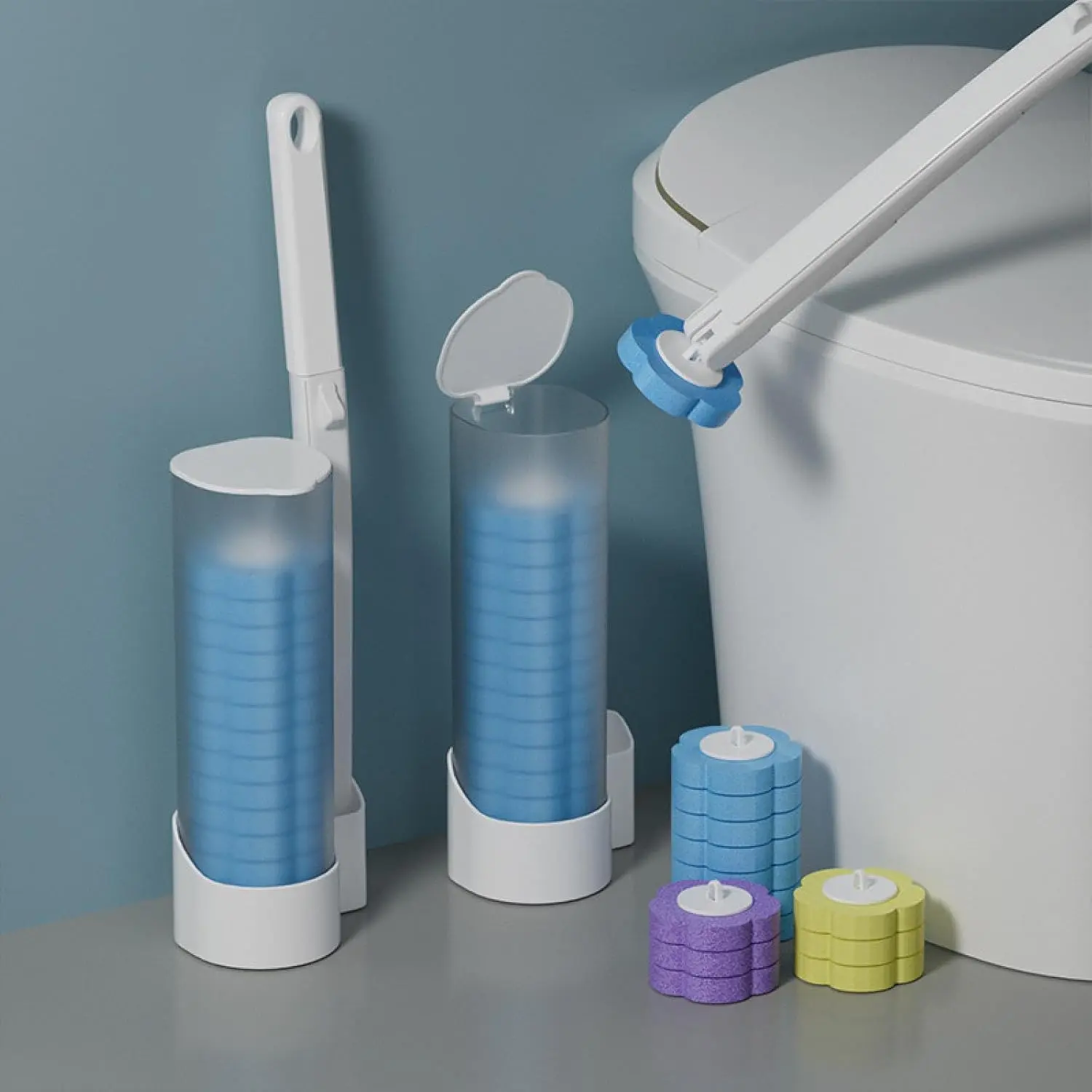 Disposable Toilet Bowl Cleaning Kit with 18/36 Plastic Cleaner Refills, Long-Handle Rotatable Sponge Scrub Brush, Wall-Mount Storage Caddy, Fragrance-Free Low-Foaming Cleaners for Toilet, Sink, Bath Tub Accessories, Cleaning Supplies
