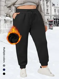 Women's Plus Size Solid Color Fleece Lined Sport Pants, Elastic Fall Winter Warm Running Pants, Side Pockets, Casual, Drawstring Waist Sweatpants