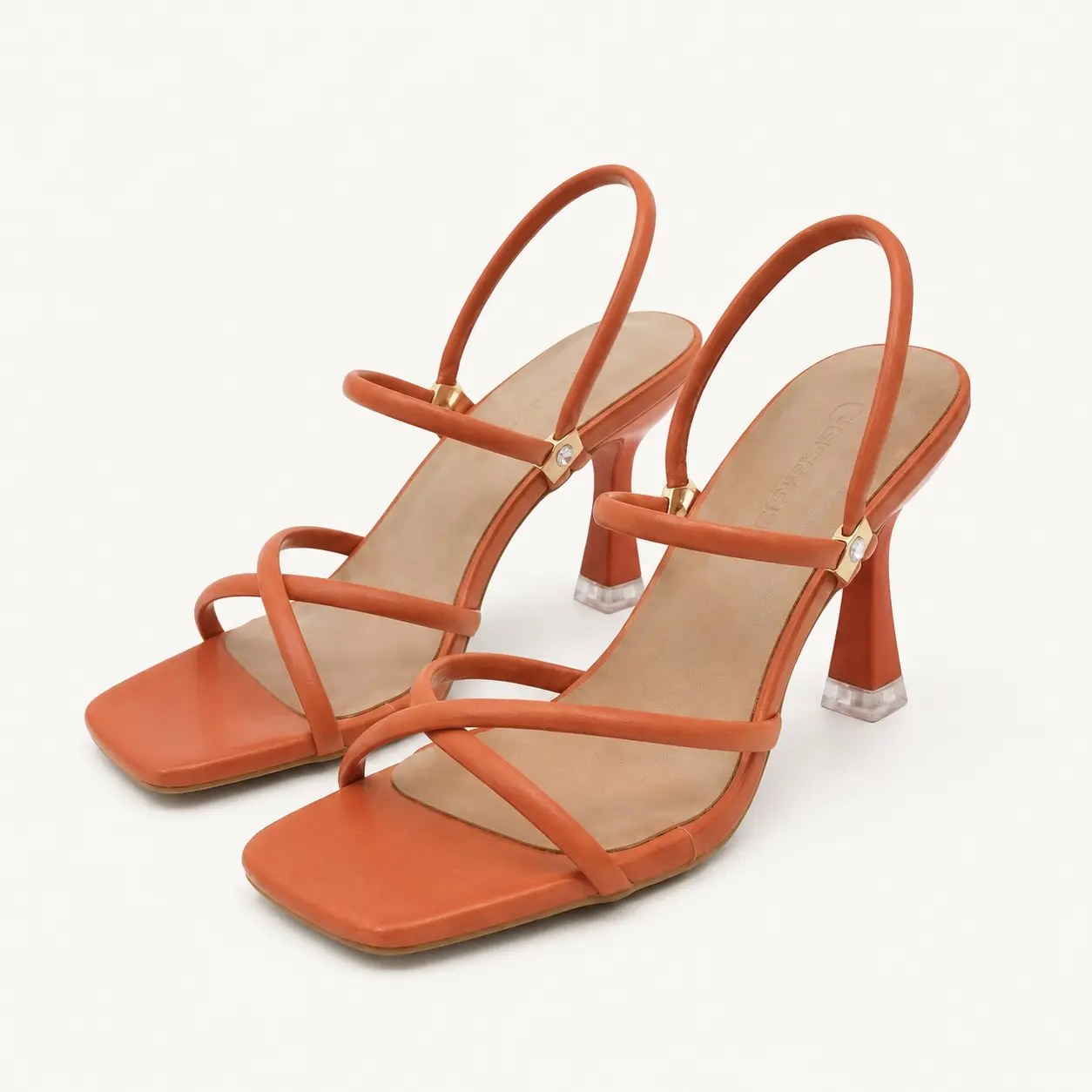 GeeYea women’s Orange Strappy Slingback Heels, Square Toe Open Toe High Heel Sandals with Cross-Strap Design, PU Upper & PVC Sole, Elegant Shoes for Date Night, Party & Spring Summer Outfits