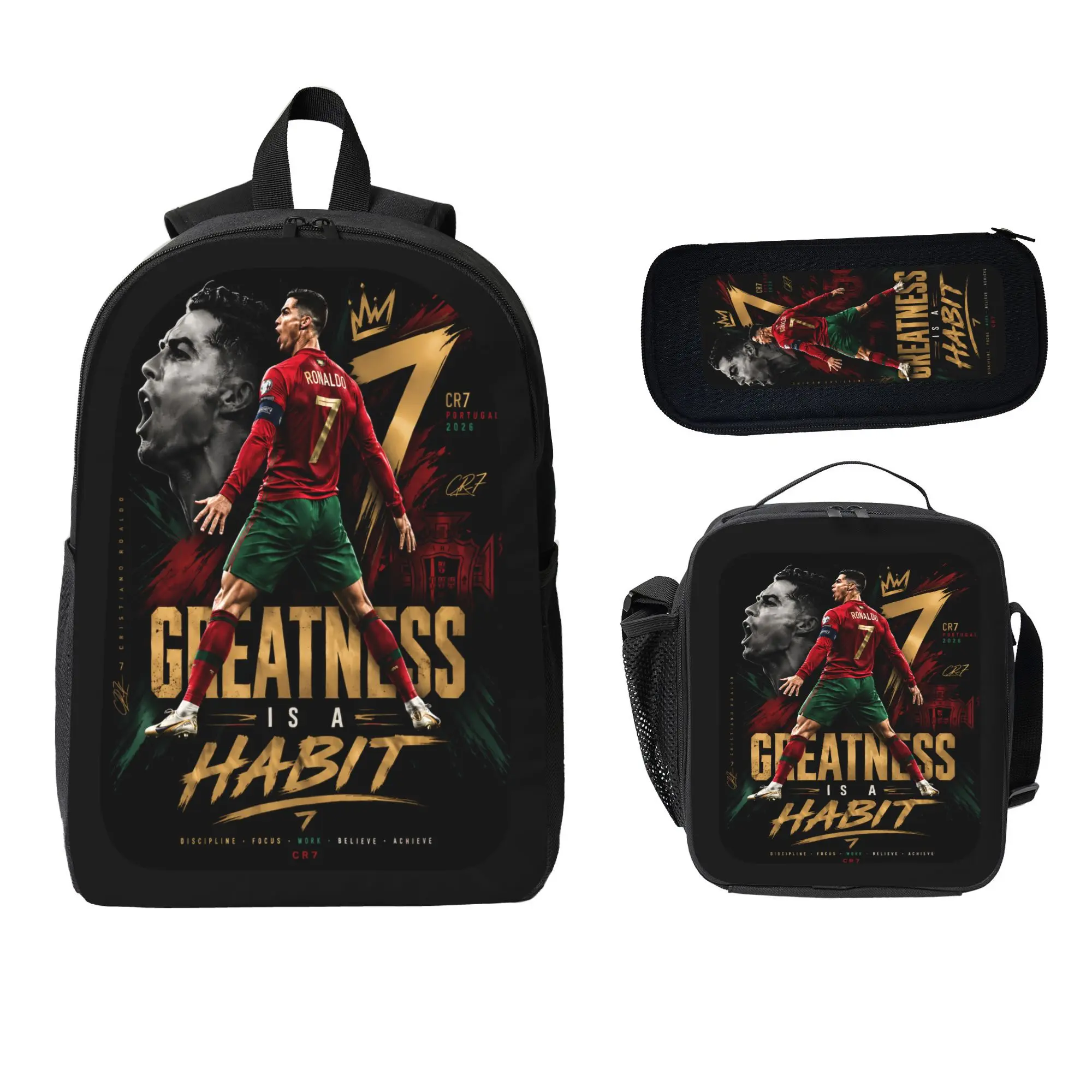 3PCS Soccer Graphic Sports Backpack Set for Kids & Teens, Number 7 Football Design School Bag with Lunch Bag & Pencil Case, Lightweight Durable Travel Backpack for Outdoor Activities
