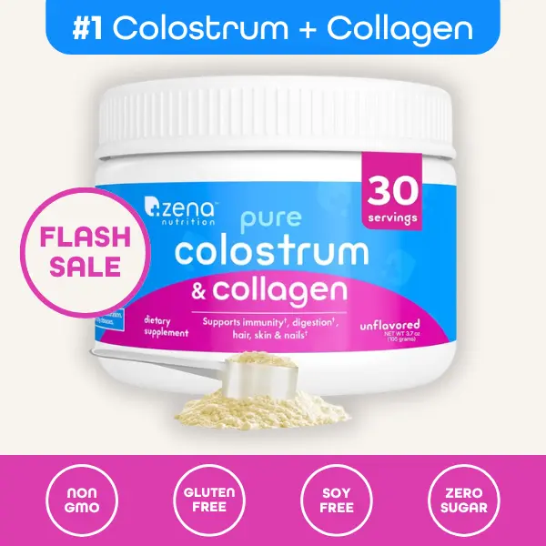Zena Nutrition Pure Colostrum & Collagen Powder 30 Servings Unflavored Supports Immunity Digestion Hair Skin Nails US Made Non GMO Gluten Free Soy Free Zero Sugar