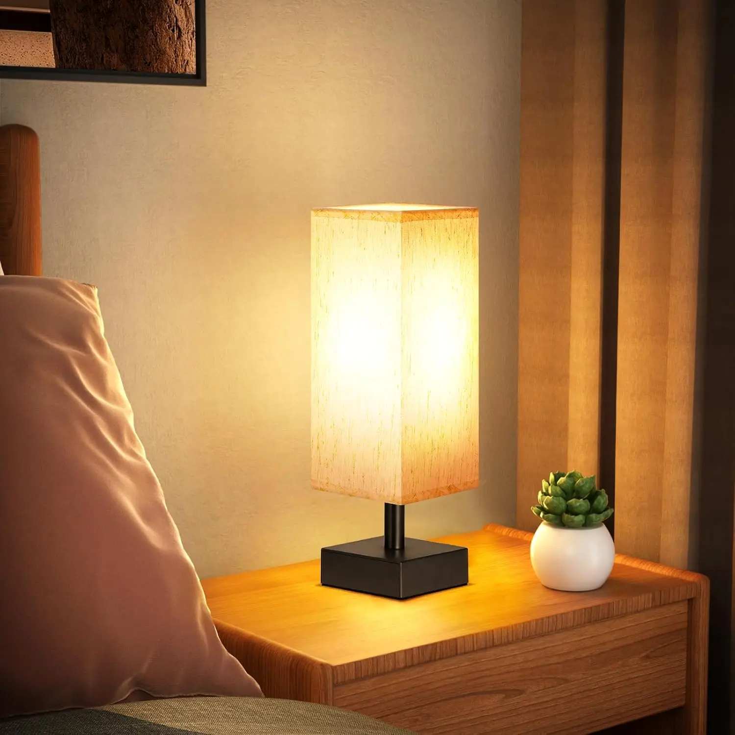 Small Table Lamp for Bedroom – Bedside Nightstand Lamp with Square Fabric Shade, Minimalist Desk Reading Light for Kids, Living Room, Dorm & Office
