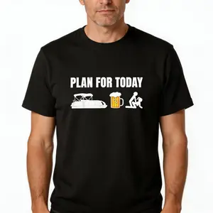 Funny Pontoon Boat Plan for Today Beer Boating Mens T-Shirt, 100% Cotton, Single Side Printed, Black Short Sleeve T-shirt, Gift for Family Friends, S-XXXL, 1 pc, Fabric Weight 180g