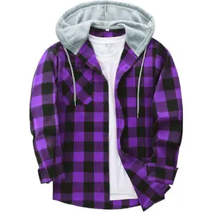 Men's Flannel Hoodie Shirts Casual Button Down Plaid Shirt Jackets for Men Long Sleeve Stylish Hooded with Pocket No.124
