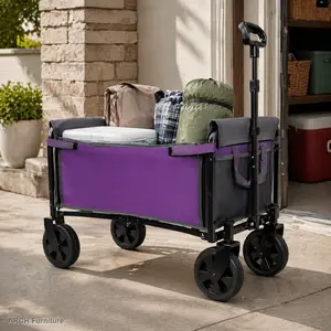 ARCH All-in-One Convertible Folding 4-Wheel Utility Trolley Cart with Bench Seat and Dog Leash, Heavy Duty Foldable Wagon for Camping, Beach, Shopping, Outdoor Storage and Seating, Purple/Gray Color Option, Versatile Multi-Use Design
