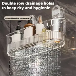 No-Drill Bathroom Suction Storage Rack with Drain Holes, Shower Organizer for Bath Essentials and Cosmetics, Durable Plastic Bathtub Shelf