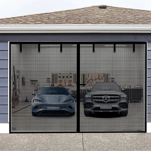 Heavy Duty Garage Screen Door Kit Pack, Outdoor Tear-Proof Wind Resistant Net Screen with Reinforced Magnetic Closure, Strapping Tapes, Hands-Free Operation & Easy Assembly, Weighted Bottom