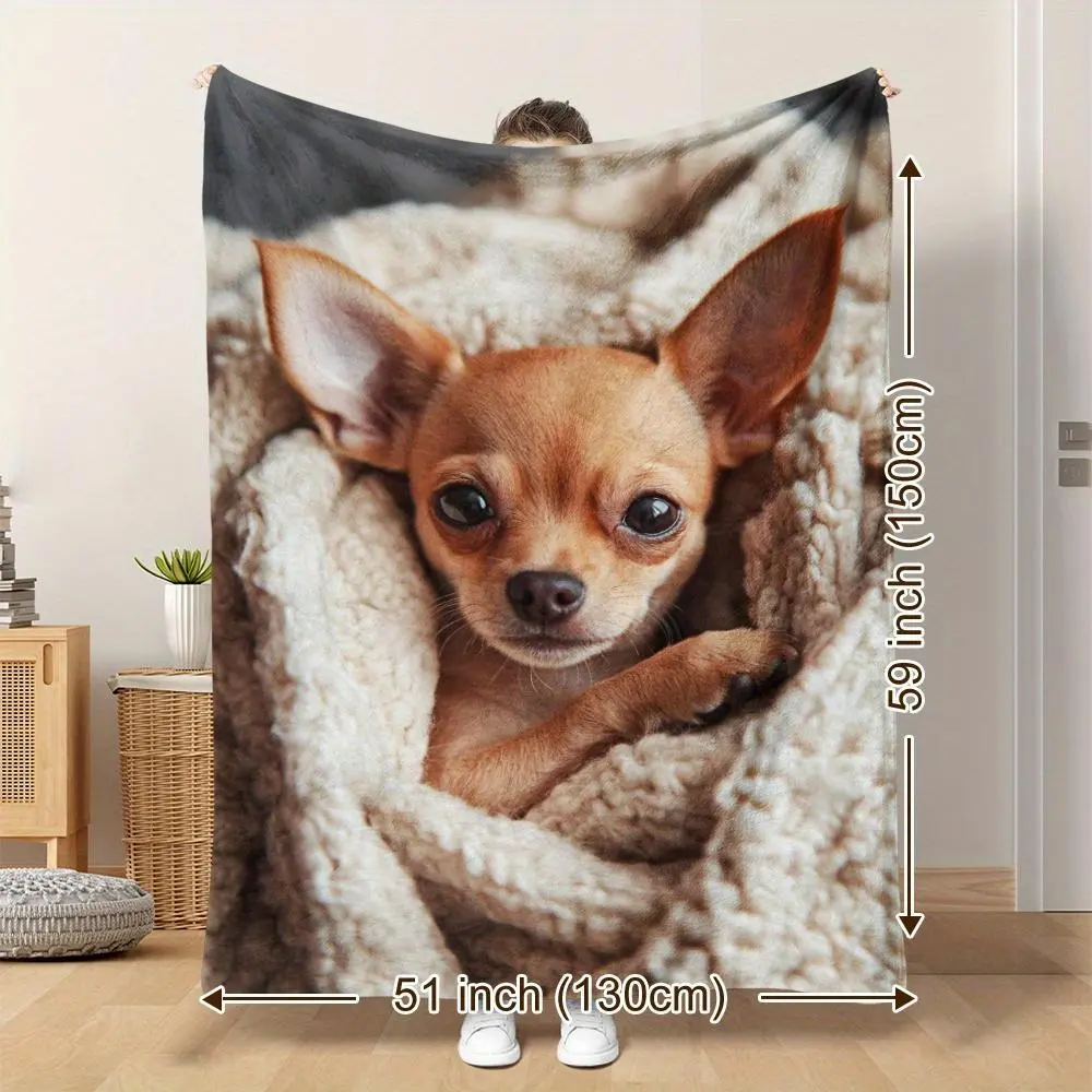Chihuahua-Printed Polyester Flannel Blanket - Cozy Look, Soft, Instant Warmth, Large Size, Printed Side - Ideal for Home, Camping | Perfect Gift for Pet Lovers