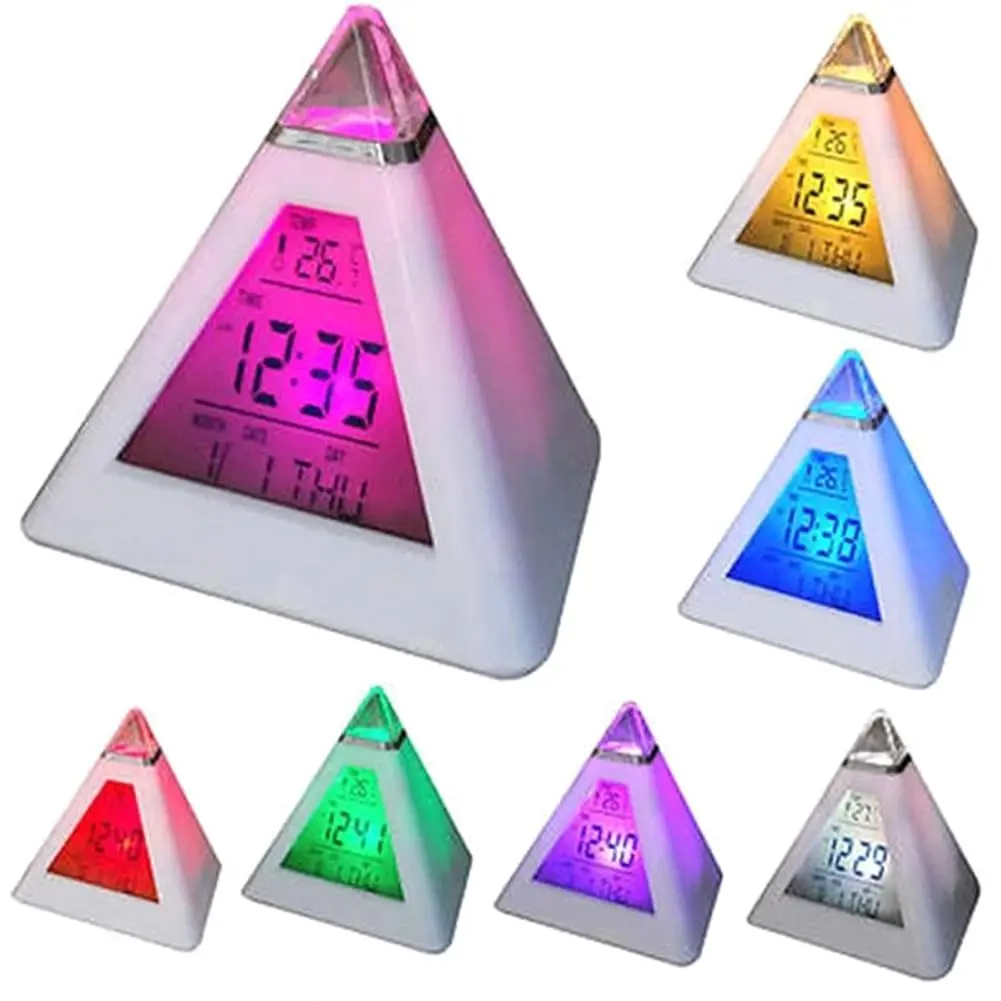 Garvee Digital LED Alarm Clock, Pyramid Shape Digital Led Alarm Clock Time Date Temperature Display 7 Colors Changing Night Light Desk Clock with Temperature Time Date for Bedroom Living Room (White)