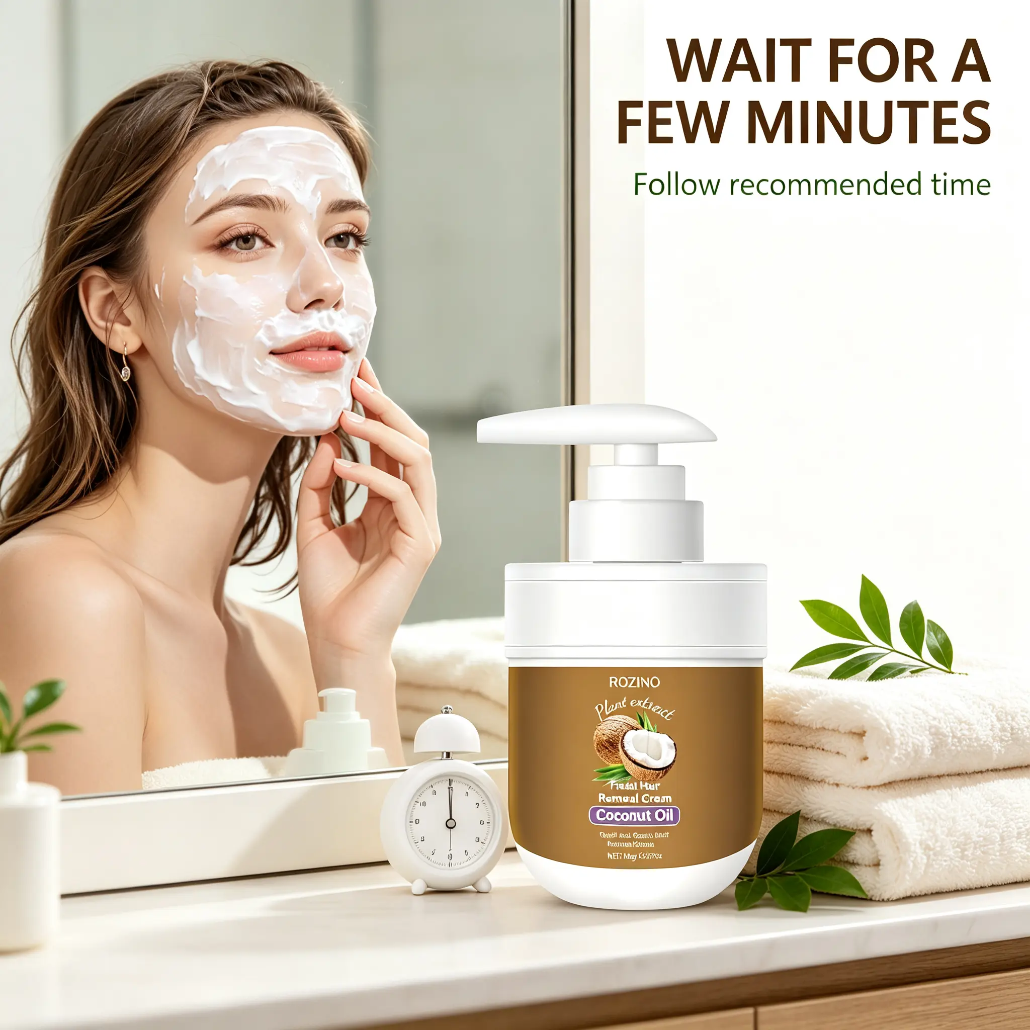 ROZINO Plant Extract Hair Removal Cream Infused With Coconut Oil, Mild Gentle Plant-Based Depilatory Cream, Suitable for Facial & Full Body Hair Removal, Daily Beauty Skincare for Men & Women, Gentle Effective Body Hair Remover