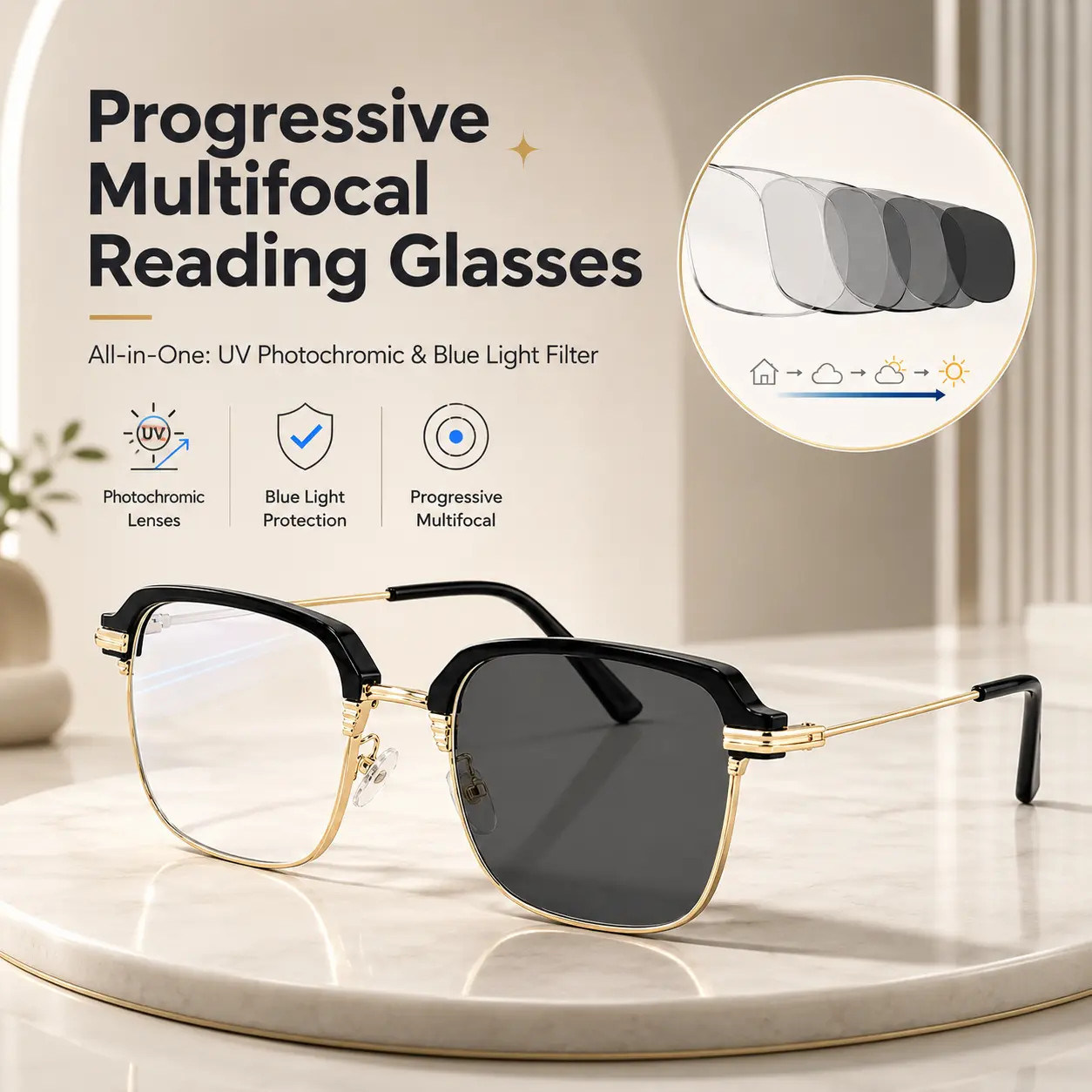 Photochromic Reading Glasses with Blue Light Blocking & Sun Protection, Classic Semi-Rimless Black & Gold Frame, Lightweight Unisex Stylish Readers, Anti-Glare Glass, Minimalist, Indoor/Outdoor