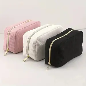 New Large Capacity Simple Style Handbag, Three Color Options, Corduroy Material, Travel Makeup Bag, Makeup Organizer Pouch, Zipper Closure, Octagonal Shape