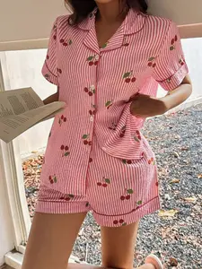 Women's Cherry Lapel Open Front Short Sleeve Shorts Set, Chiffon Casual Home Wear, Fitted Plain Design, All Seasons Comfortable Sleepwear
