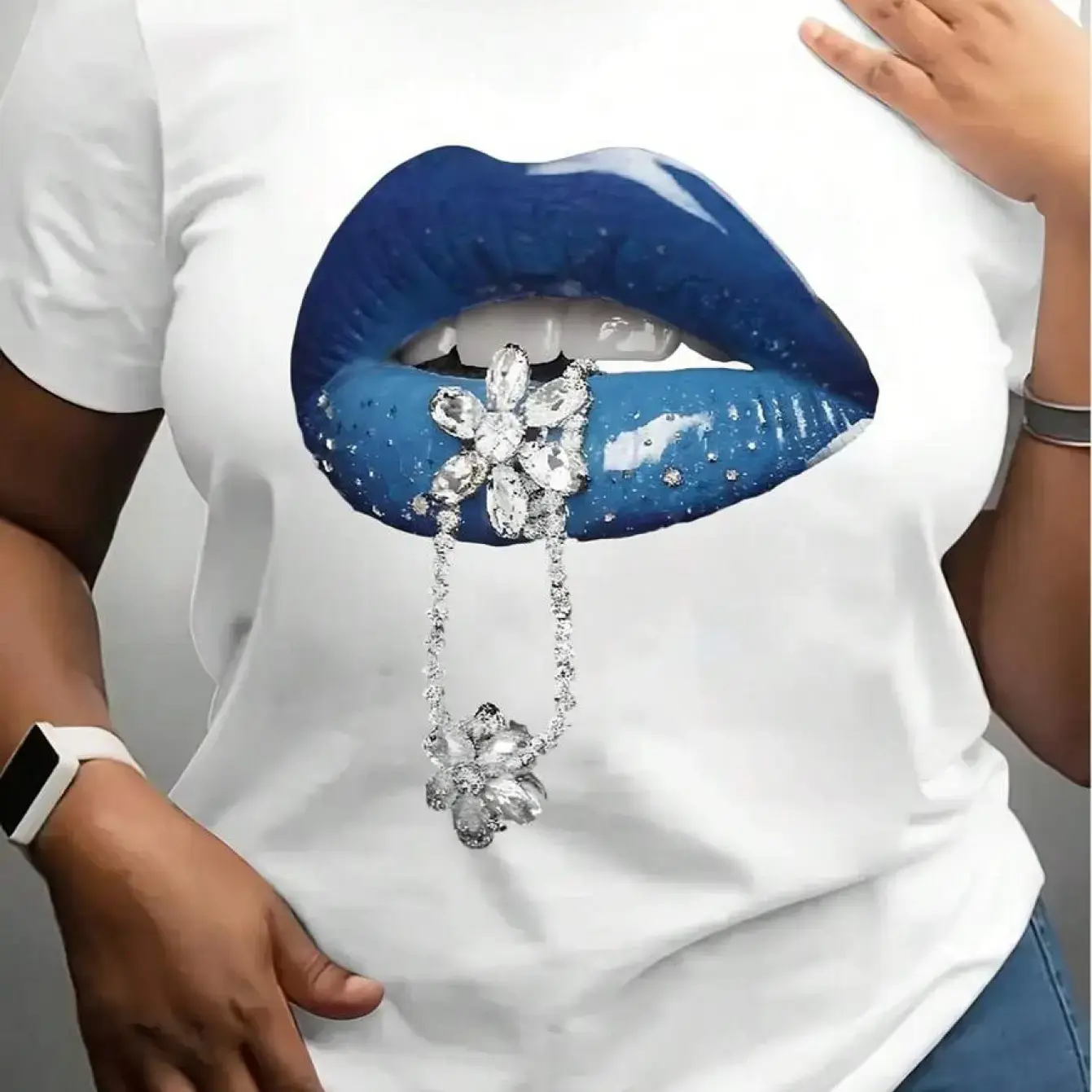 Women's Black Cotton T-Shirt - Blue Lips & Diamond Chain Print, Casual Round Neck, Short Sleeves, Slightly Stretchy Fabric, Slim Fit, Summer Sporty Casual Wear