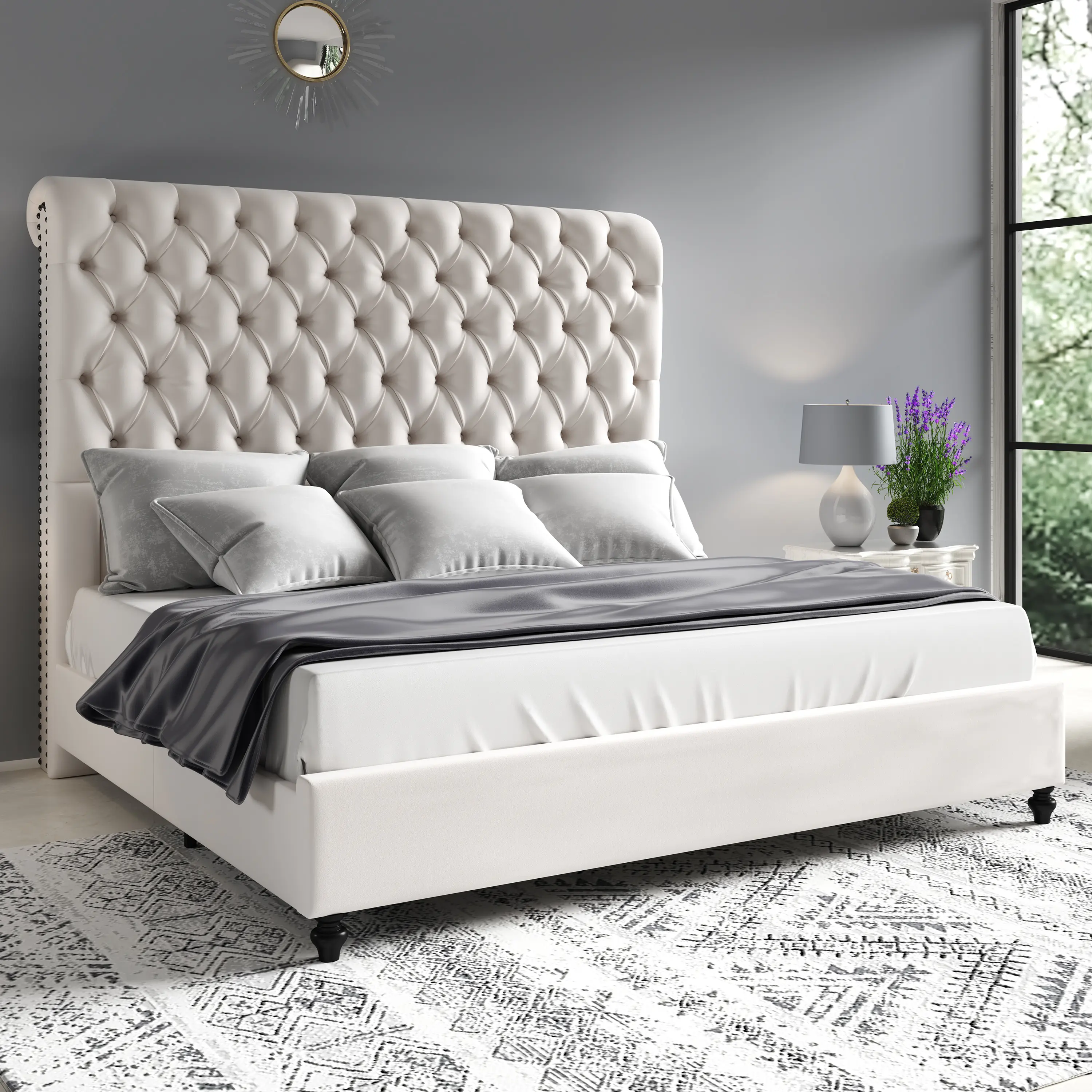 [SummerSale]VanAcc Bed Frame with Sleigh Headboard 60" Tall Velvet Upholstered Platform Bed, No Box Spring Needed/Christmas Gift