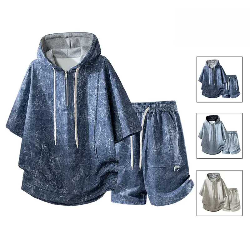 Men’s hooded short-sleeve set for summer-loose, casual tie-dye two-piece outfit with a cool, stylish look; trendy clothing with a casual, comfortable style and high quality. Short-sleeve sweatshirt, half-zip kangaroo pocket # SummerWins