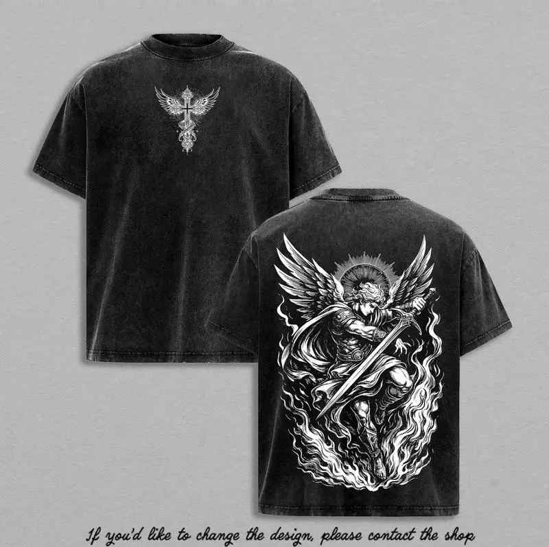 Christian Graphic Tshirt, Vintage Washed Archangel Michael Scripture Tee, Unisex Heavy Cotton Casual Shortsleeve Streetwear, Oversized Cut for Easy Fit Menswear Top, Round Neck, Casual Fit, T-Shirt, Retro