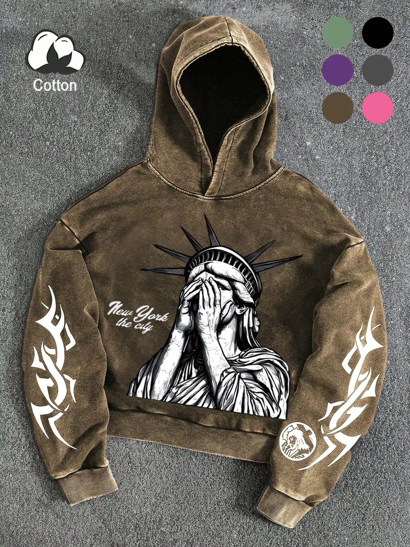 Men's Loose Vintage Sweatshirt, High-Quality Washed Cotton Fabric, Lady Liberty Print, Casual Street Style, Long Sleeve, Spring & Fall, Graphic Print Hoodie