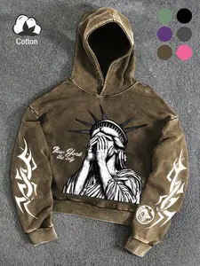 Men's Loose Vintage Sweatshirt, High-Quality Washed Cotton Fabric, Lady Liberty Print, Casual Street Style, Long Sleeve, Spring & Fall, Graphic Print Hoodie