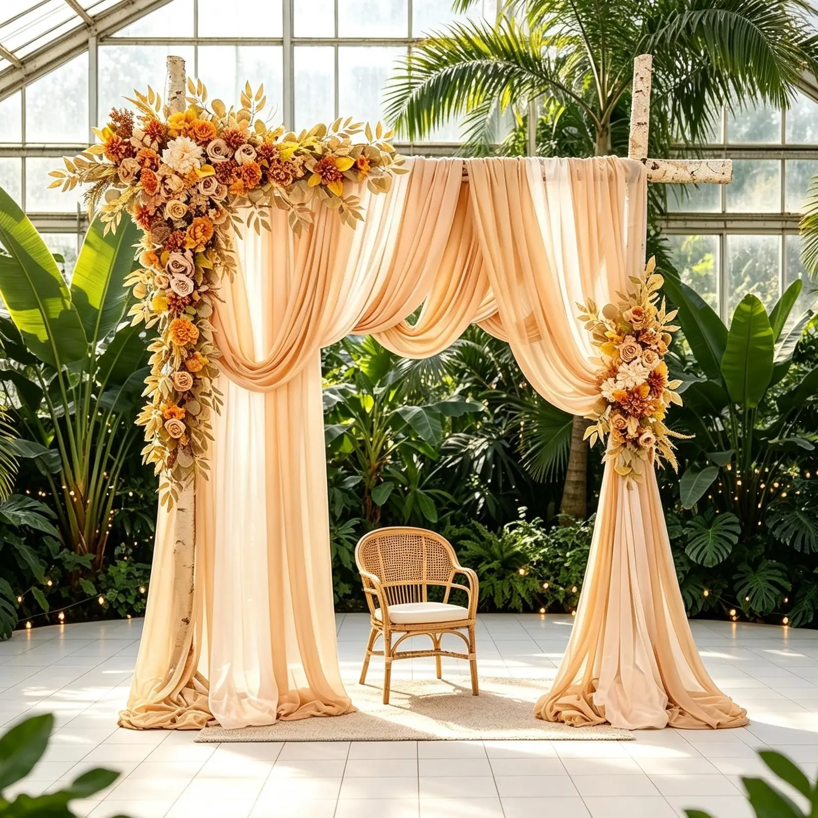 TINGE TIME Wheat Gold Wedding Arch Flowers with Drapes Kit (Pack of 5) - 2 Artificial Floral Swags, 3 Sheer Drapes, Large Arrangement for Fall Wedding Ceremony Arbor Backdrop