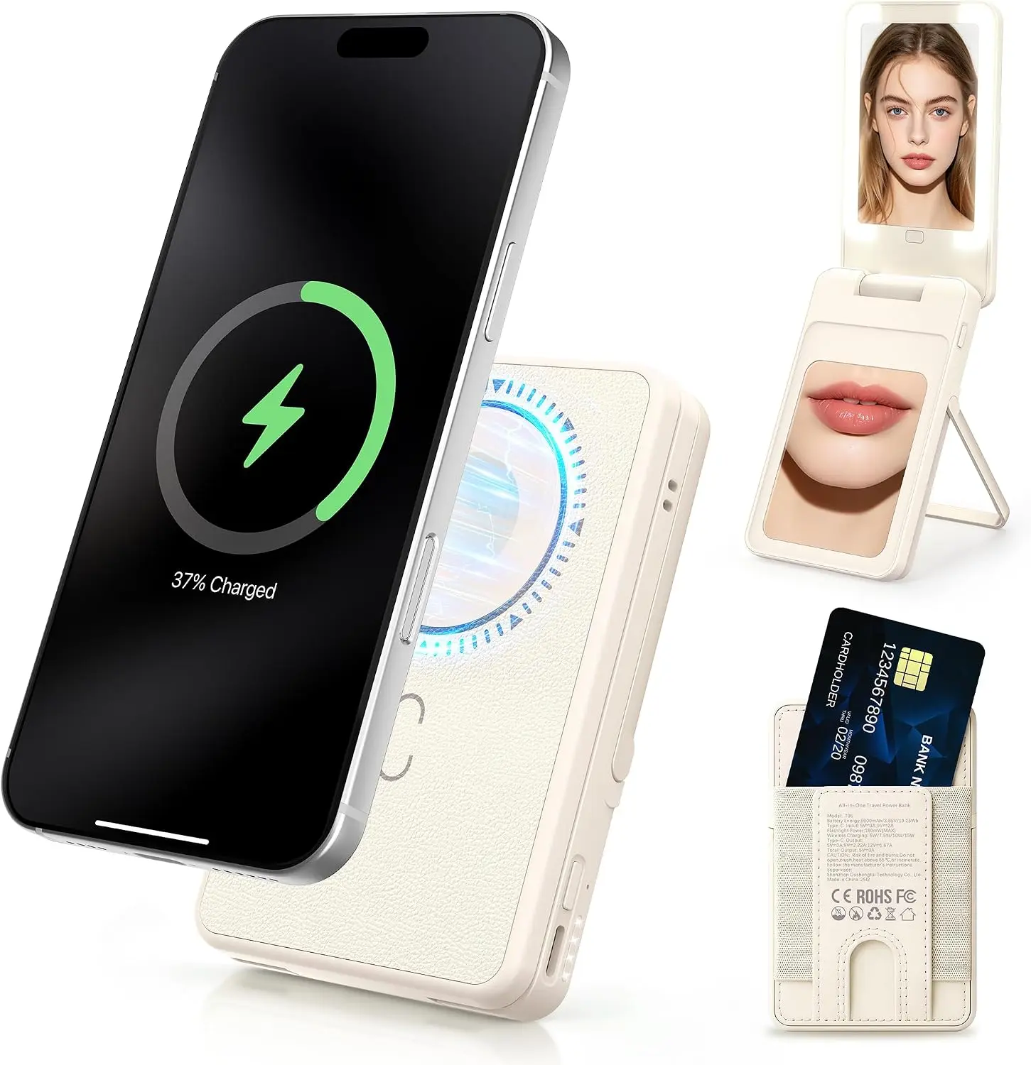 5-in-1 Magnetic Portable Charger, 5000mAh Wireless Power Bank with LED Makeup Mirror, Bluetooth Selfie Remote, Phone Stand & Card Holder, 20W Fast Charging Travel Gift for Women, Fit iPhone & Android