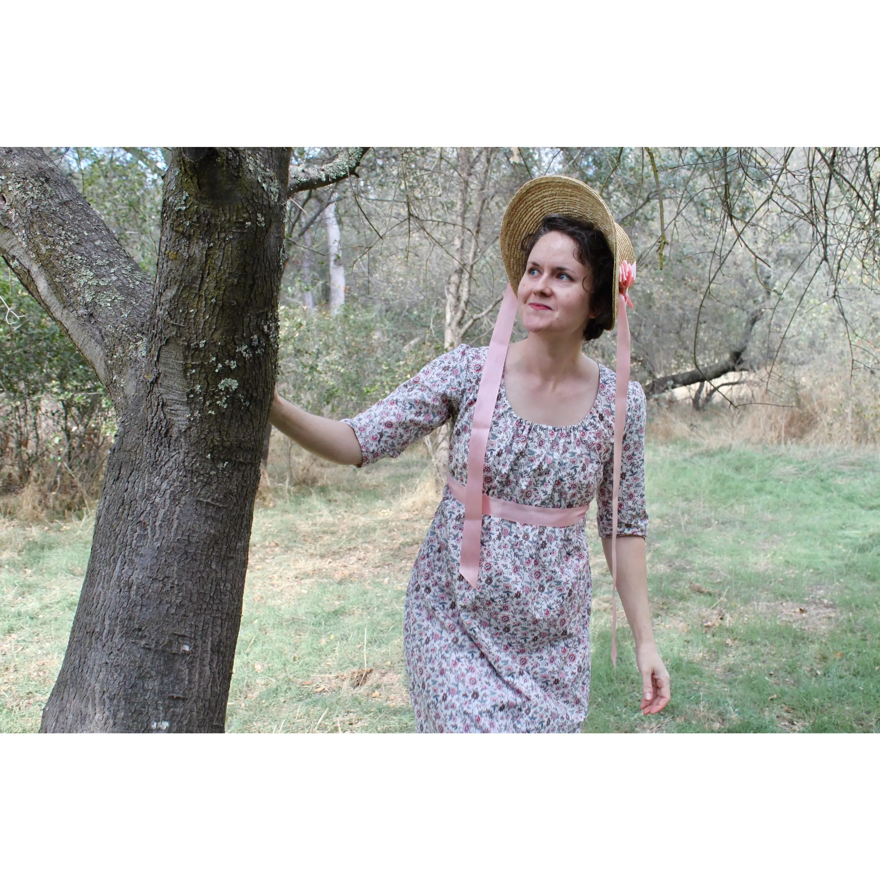 Women's 100% Cotton Elinor Print Regency Casual Dress - Jane Austen's The Devonshire Style, Empire Waist, Pull-On, Drawstring, 3/4 or Extra Long Customizable Sleeves, Floor Length, Hang Dry