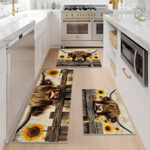 1/2/3PCS Highland Cow Pattern Rugs Set,Non Slip Washable Mats Durable Stain Resistant Floor Mat, Farmhouse Sunflower Print Kitchen Runner Rug,Doormat 16"X24"/20"X32"/20"X47"