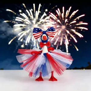 7 Inch Fluffy Desktop Goose Decor Set, Independence Day Set with Star-Spangled Bow Headband, Red Satin Bow Tie, Tulle Tutu Skirt, Festive Home & Party Ornament for Photo Prop, Holiday Gift