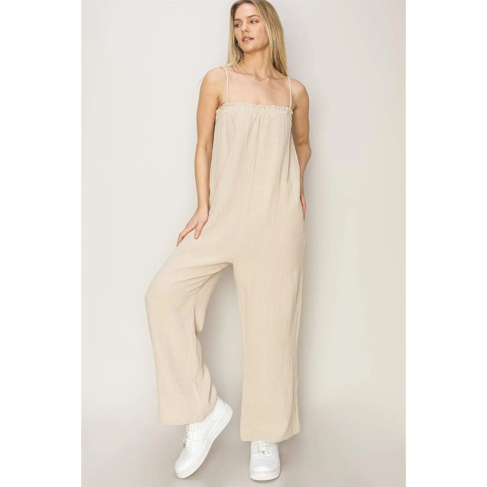 100% Cotton Gauzy Jumpsuit, Beige