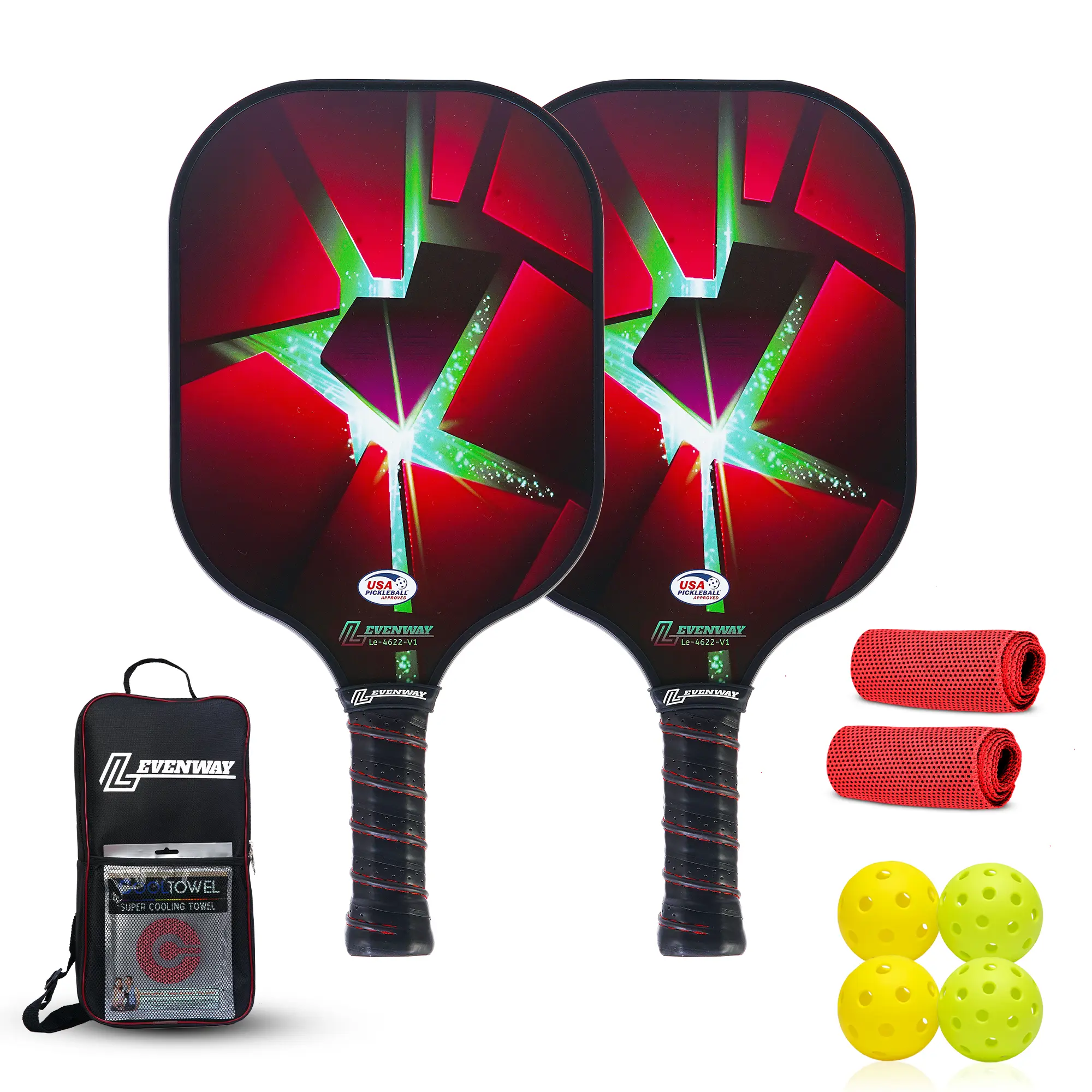 Pickleball Paddle | USAPA Approved Fiberglass Rackets | Lightweight Pickleball Starter Set | 2 Indoor & 2 Outdoor Balls | 2 Cooling Towels & Carry Bag