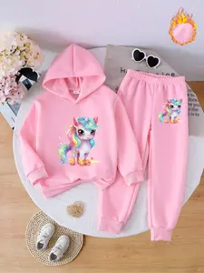 Girls Toddler Long Sleeve Fleece Hoodie Set, Dreamy Unicorn Cartoon Print, Comfortable Casual Jogger Pants, Perfect Gift for Kids