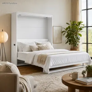 Sturdy Queen Size ARCH Murphy Wall Bed Frame with USB Port - White Modern Platform Bed, Space-Saver Indoor Furniture for Apartments, Studio Apartments, Sturdy Bed Frame