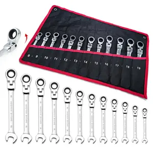 Ratcheting Wrench Set Flex Head, 12 Piece MetricCombination Ratchet Wrench kit, 8mm - 19mm ChromeVanadium Steel Wrenches,Gift