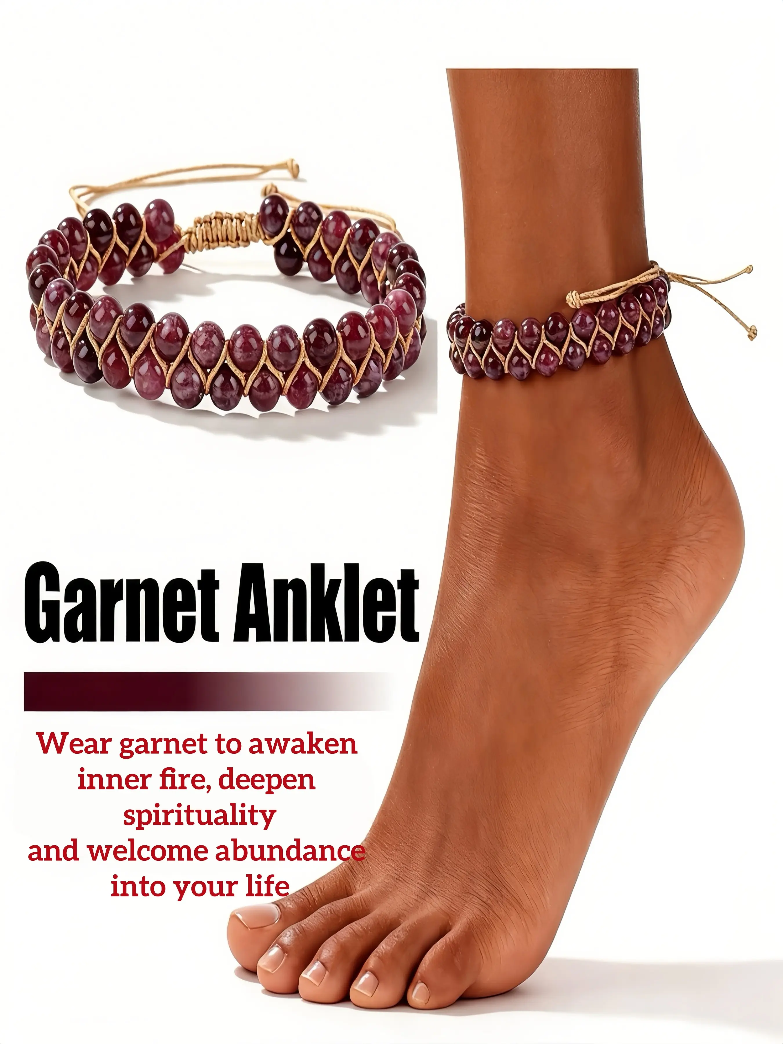 Natural Garnet Anklet & Bracelet, Hand-Woven Adjustable Red Crystal Healing Stone Jewelry, Inner Fire & Abundance Spiritual Accessory Gift for Women, Solstice Gemstone Anklet, Boho Style Bracelet
