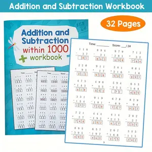 32-Page children's math workbook, multiplication, division, addition and subtraction within 1000, math learning, practice activity worksheet