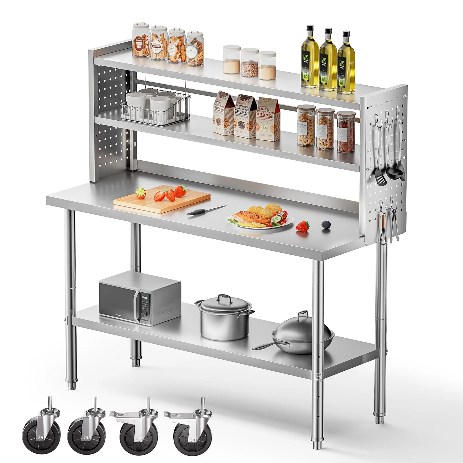 【Summer Sale】CAMMOO NSF All Stainless Steel Table with Adjustable Shelf & Pegboard Panels & Casters, Kitchen Prep Table Commercial Heavy-Duty Worktable with Large Space Storage for Restaurant Garages campingessentials