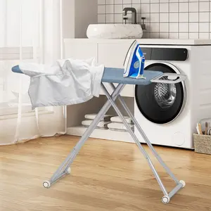 COSTWAY - 57" x 16.5" Carbon Steel Ironing Table with Iron Rest and 7-Level Height-Blue