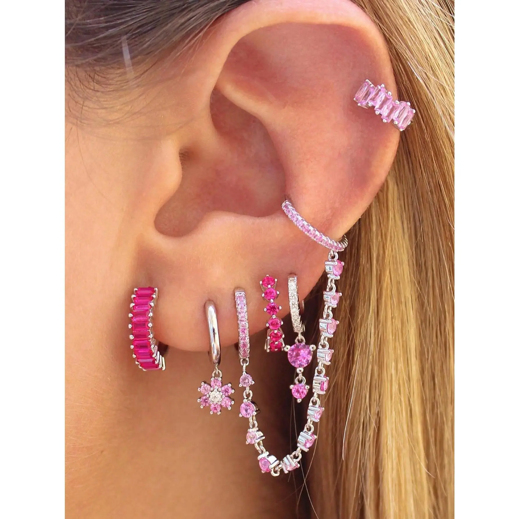 Women's 6-Piece Gold-Plated Dangle Earring Stack - Pink Accented Flower Hoop Earrings with Cubic Zirconia, Fashion Costume Jewelry for Daily Wear, Pink Accented Earrings