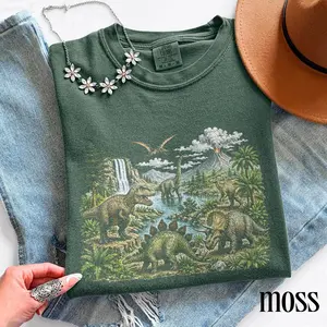 Vintage Dinosaur Landscape Graphic Tee, Jurassic Era T Rex Shirt, Prehistoric Nature Retro Style Top, Comfort Colors® Dino Gift Tee