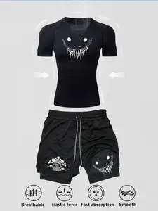 Men's Sporty Tight-Fit Quick-Dry Tee & Multi-Pocket Shorts Set, Gym Workout Set, Gym Athletic Clothes, Summer Athletic Wear, Gym Sportswear, Ideal for Gym Running Training Fitness, Summer Outdoor Activities