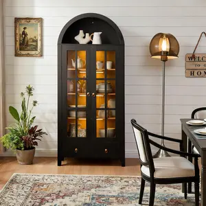 CAODOC 67'' Wood Arched Cabinet Kitchen Pantry - Farmhouse Arch Display Bookcase Hutch with 2 Large Drawers and Adjustable Shelves, Versatile Storage Furniture for Living Room Dining Room Bathroom